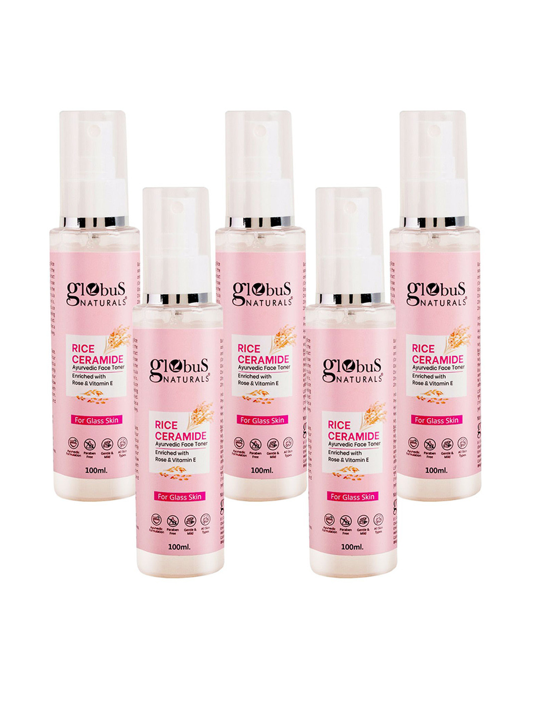 Globus naturals Set Of 5 Rice Ceramide Rose & Vit-C Ayurvedic Face Toner- 100ml Each