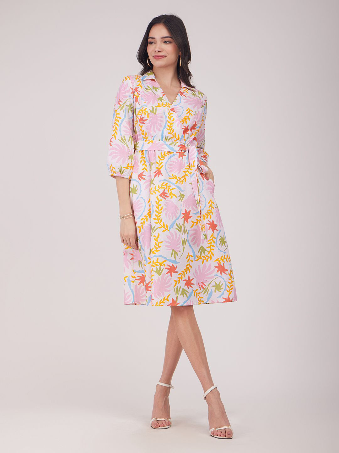 FableStreet Floral Printed Linen Wrap Women Dress