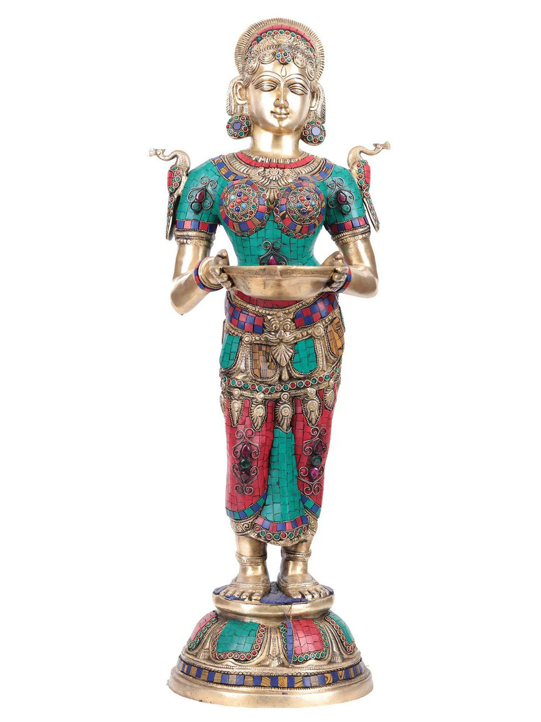 Exotic India Metallic-Toned & Green Brass Diyas Deepalakshmi