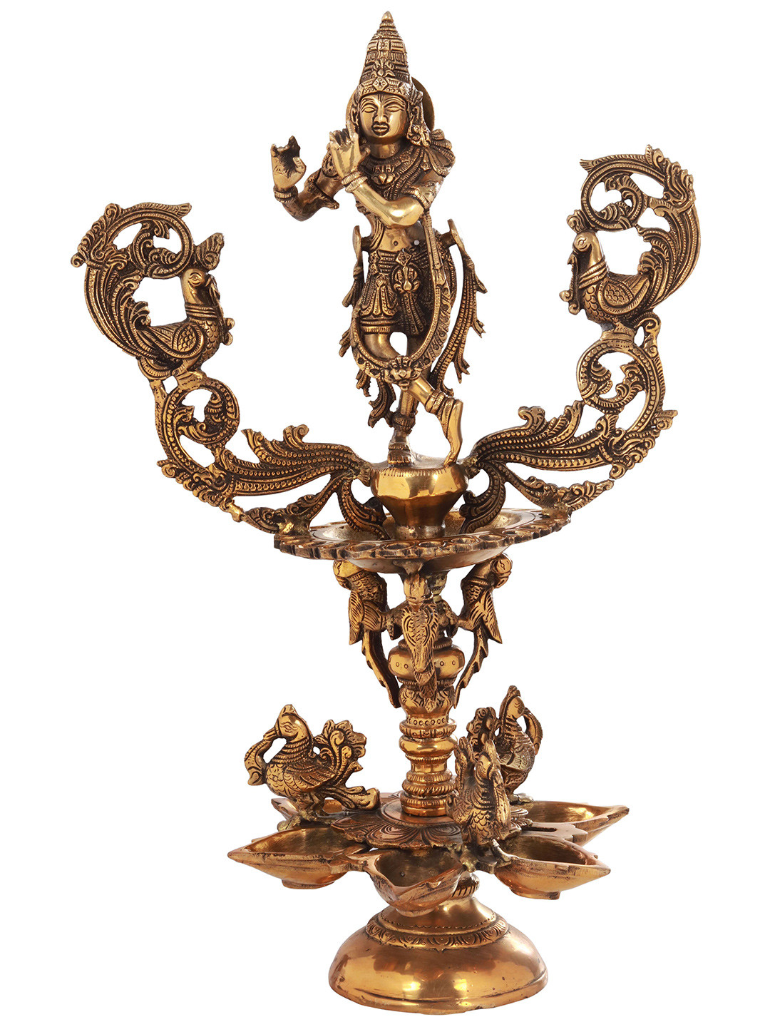 Exotic India Gold-Toned Textured Lord Krishna Devotional Brass Pooja Diya