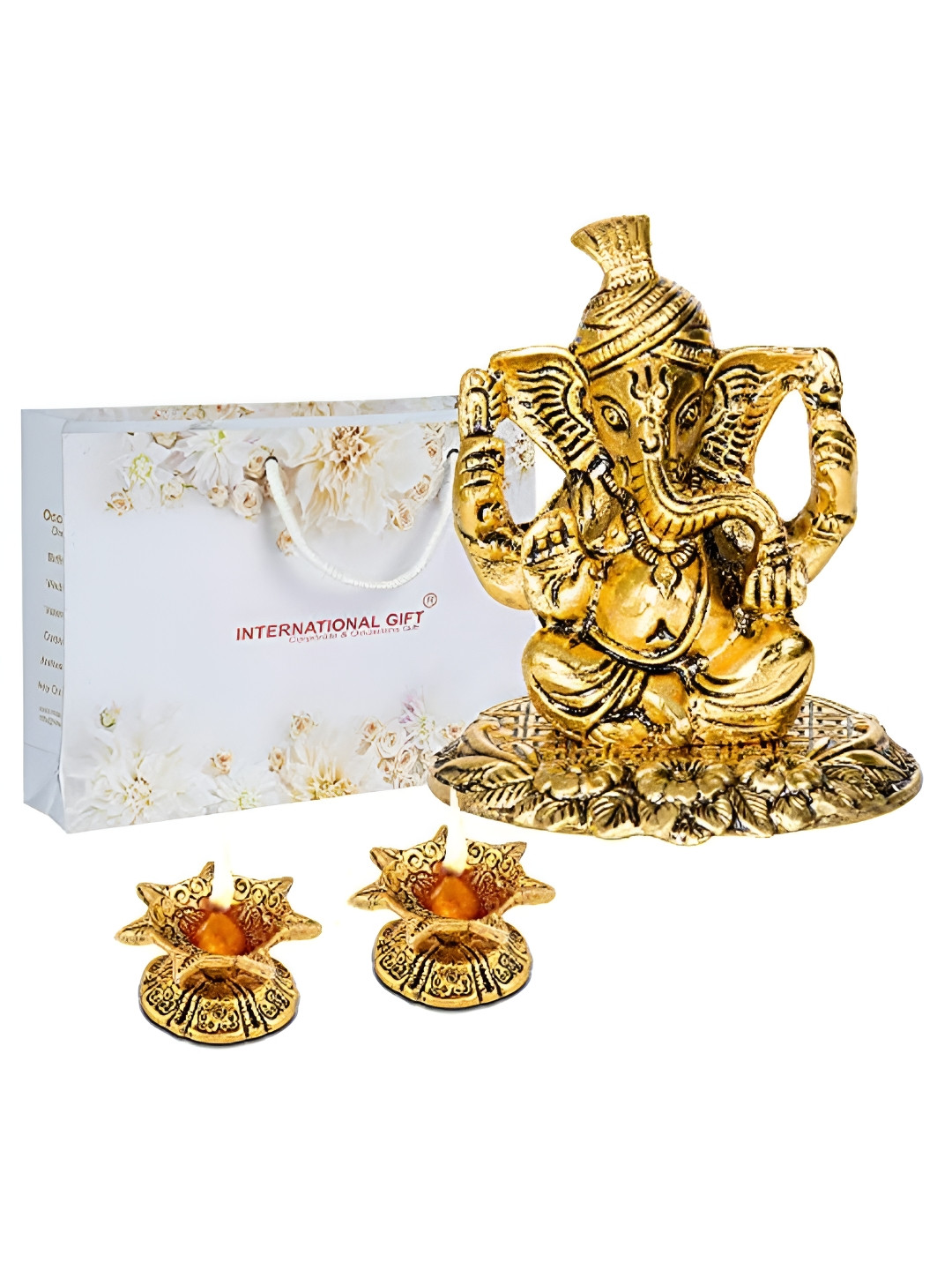INTERNATIONAL GIFT GoldToned & Red 3 Pieces Pagdi Ganesha God Idol Home Gift Sets