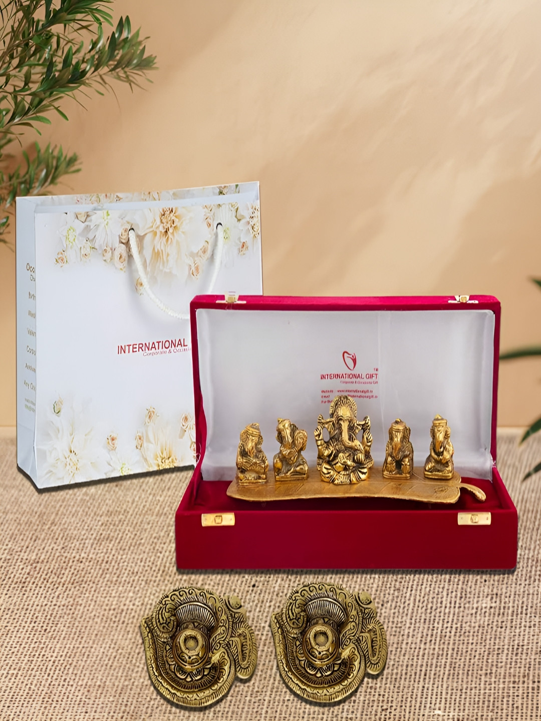 INTERNATIONAL GIFT Yellow & Black 3 Pieces Metal Musical Ganesha God Idol With Om Diya