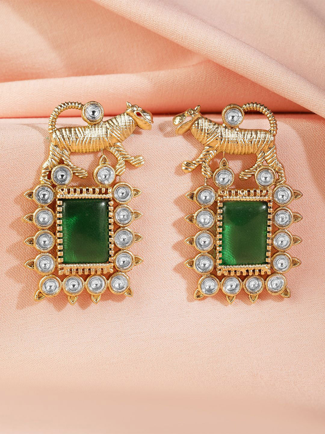 Rubans 22K Gold Plated Emerald & Zirconia Studded Tiger Motif Statement Drop Earrings
