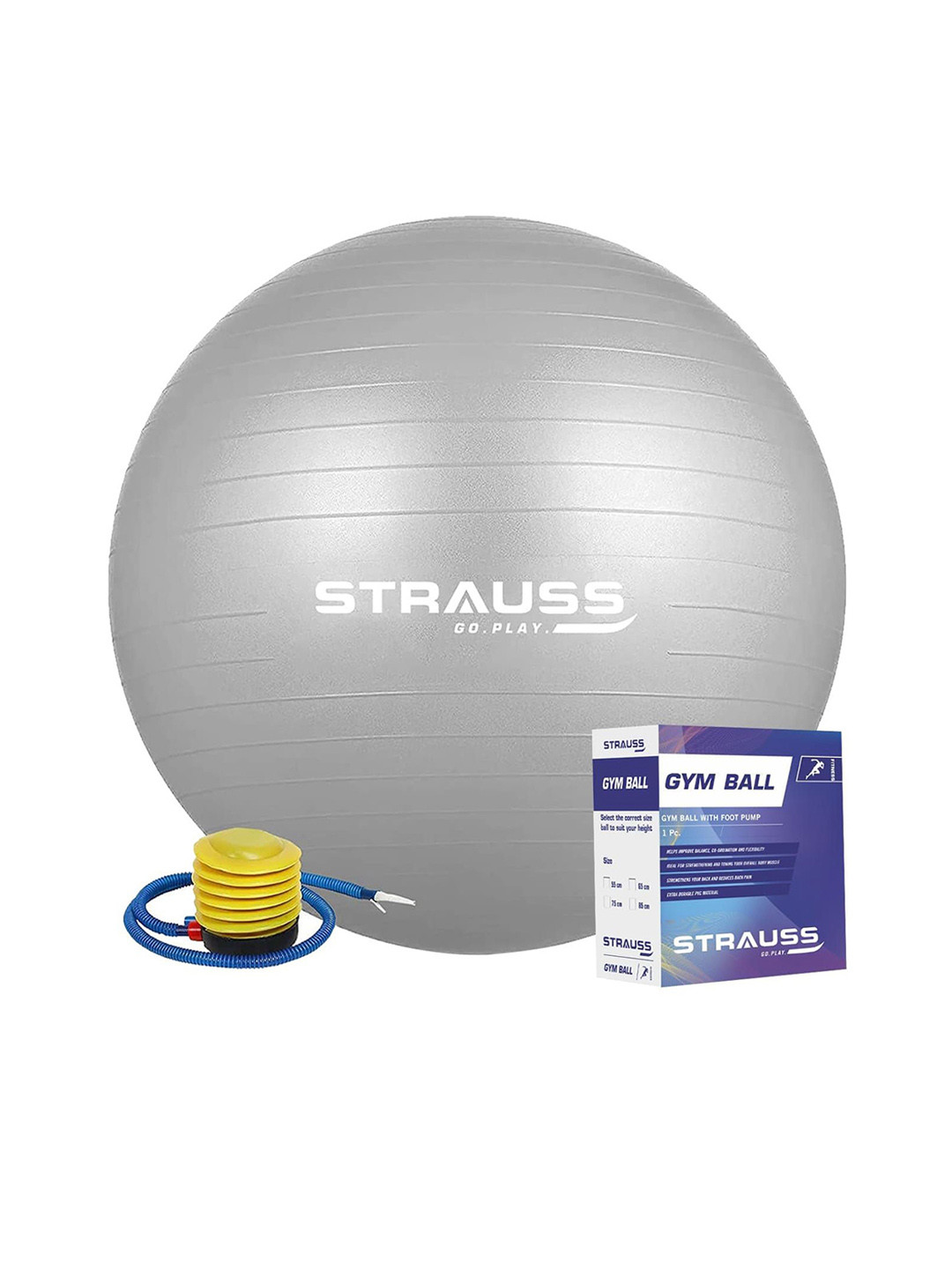 STRAUSS Anti-Burst Rubber Gym Ball with Free Foot Pump (Grey)