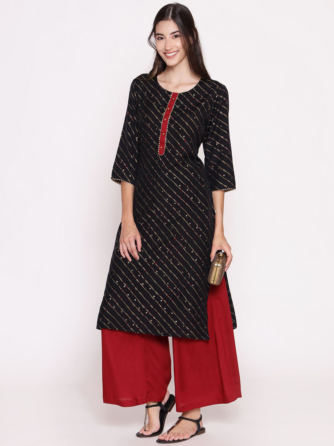 Shree Bandhani Printed Sequined Liva Straight Kurta With Palazzos