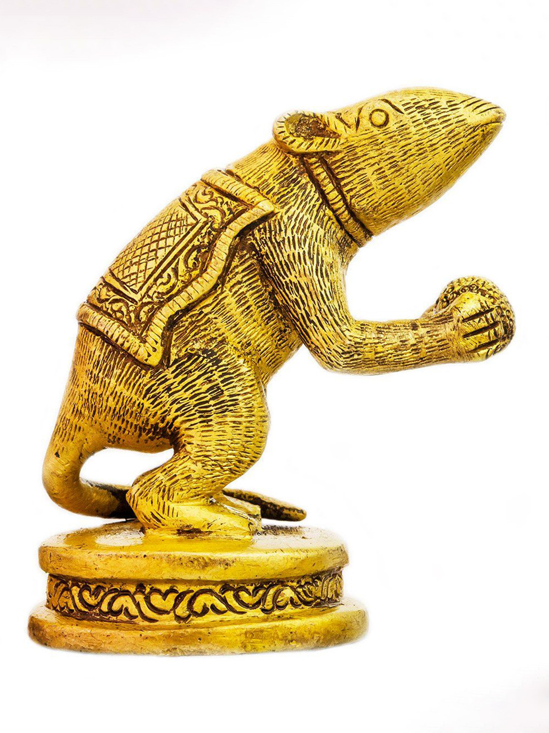 Exotic India Rat Enjoying Modak Gold Brass Metallic Prayer Room Tiny Showpiece - 2.7 Inches
