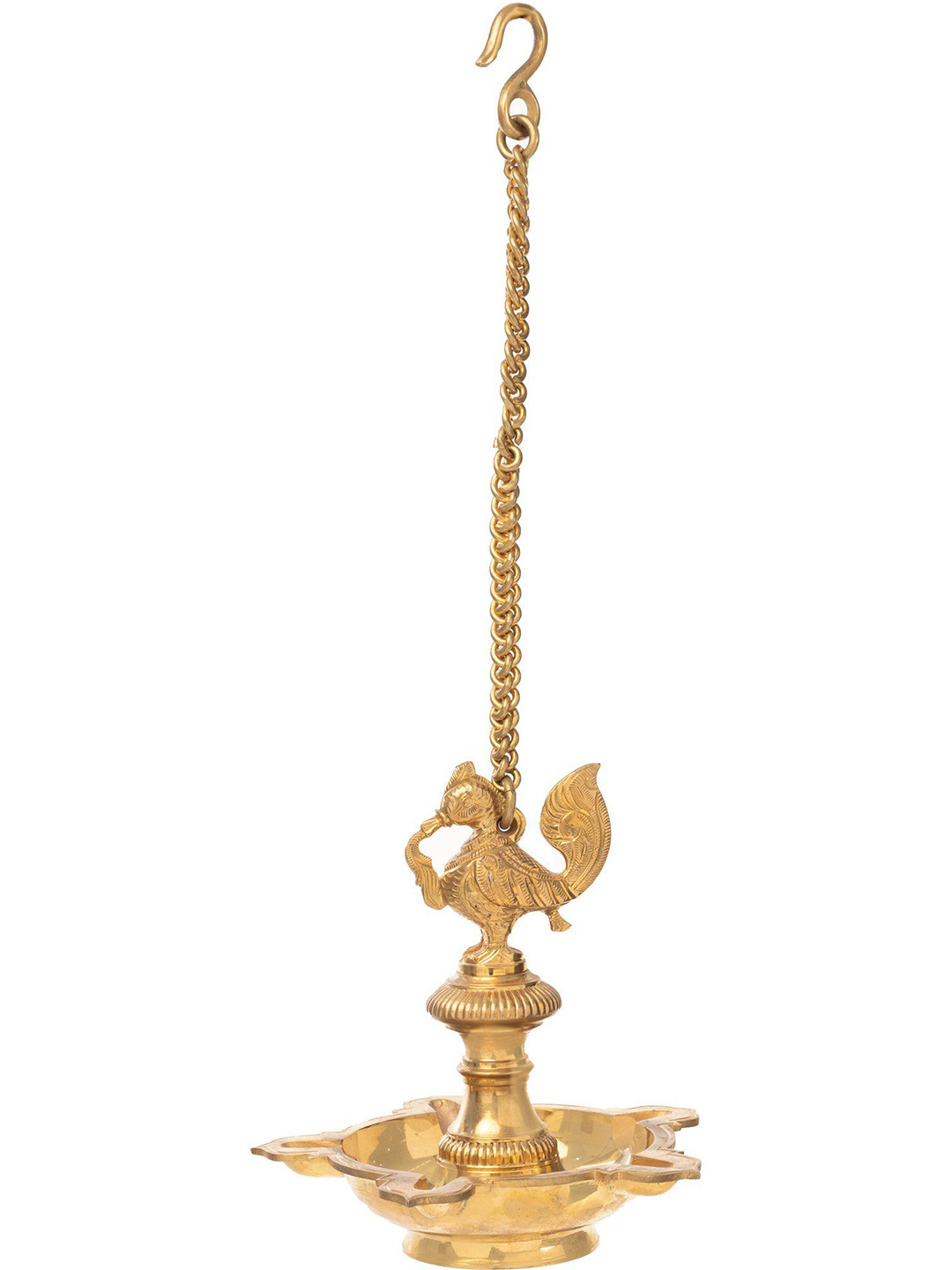 Exotic India Five Wicks Roof Hanging Peacock Lamp Gold-Toned Textured Brass Pooja Diya