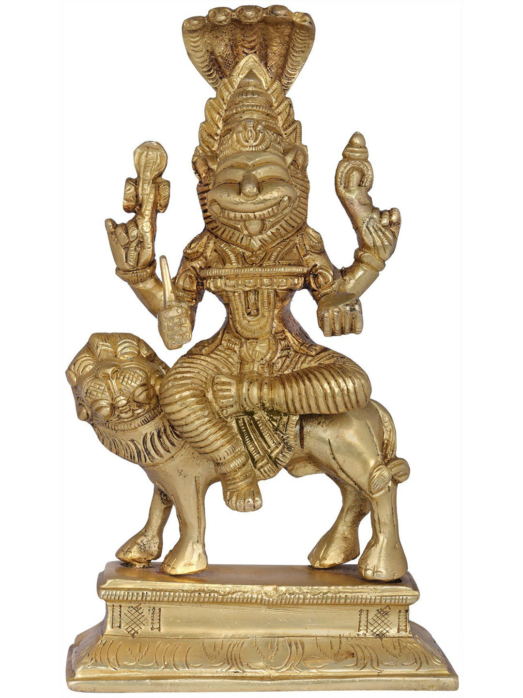 Exotic India Goddess Pratyangira Gold Brass Metallic Prayer Room Hand Made Medium Showpiece - 7.3 Inches