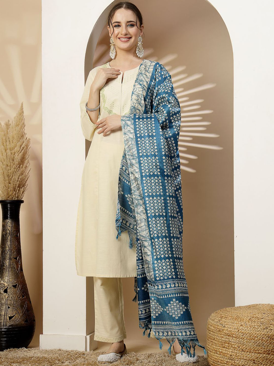 Nayam By Lakshita Floral Yoke Design Notch Neck Straight Kurta With Trousers & Dupatta Set
