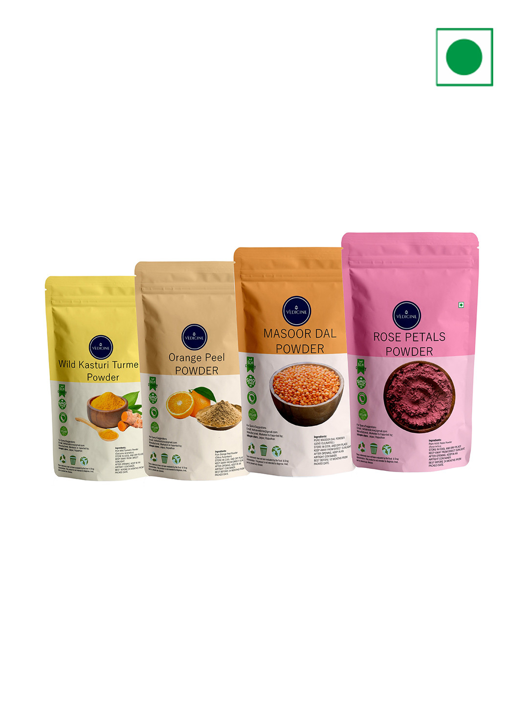 VEDICINE Set Of 5 Wild Turmeric Orange Masoor Rose Petal Power For Face Pack-100gm each