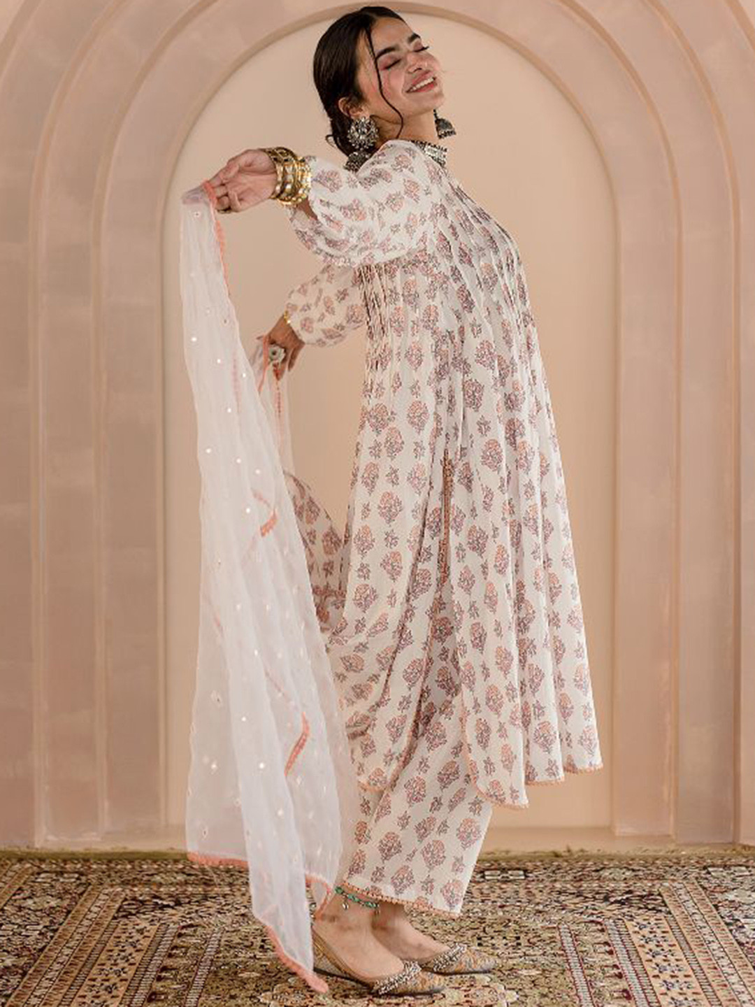 GulaboJaipur Floral Printed Pleated Long Puffed sleeves Pure Cotton Flared Kurta Set