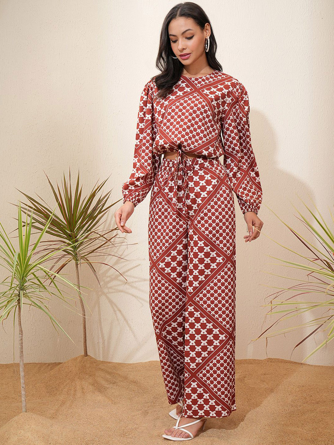 Tokyo Talkies Maroon Printed Crop Top With Trousers