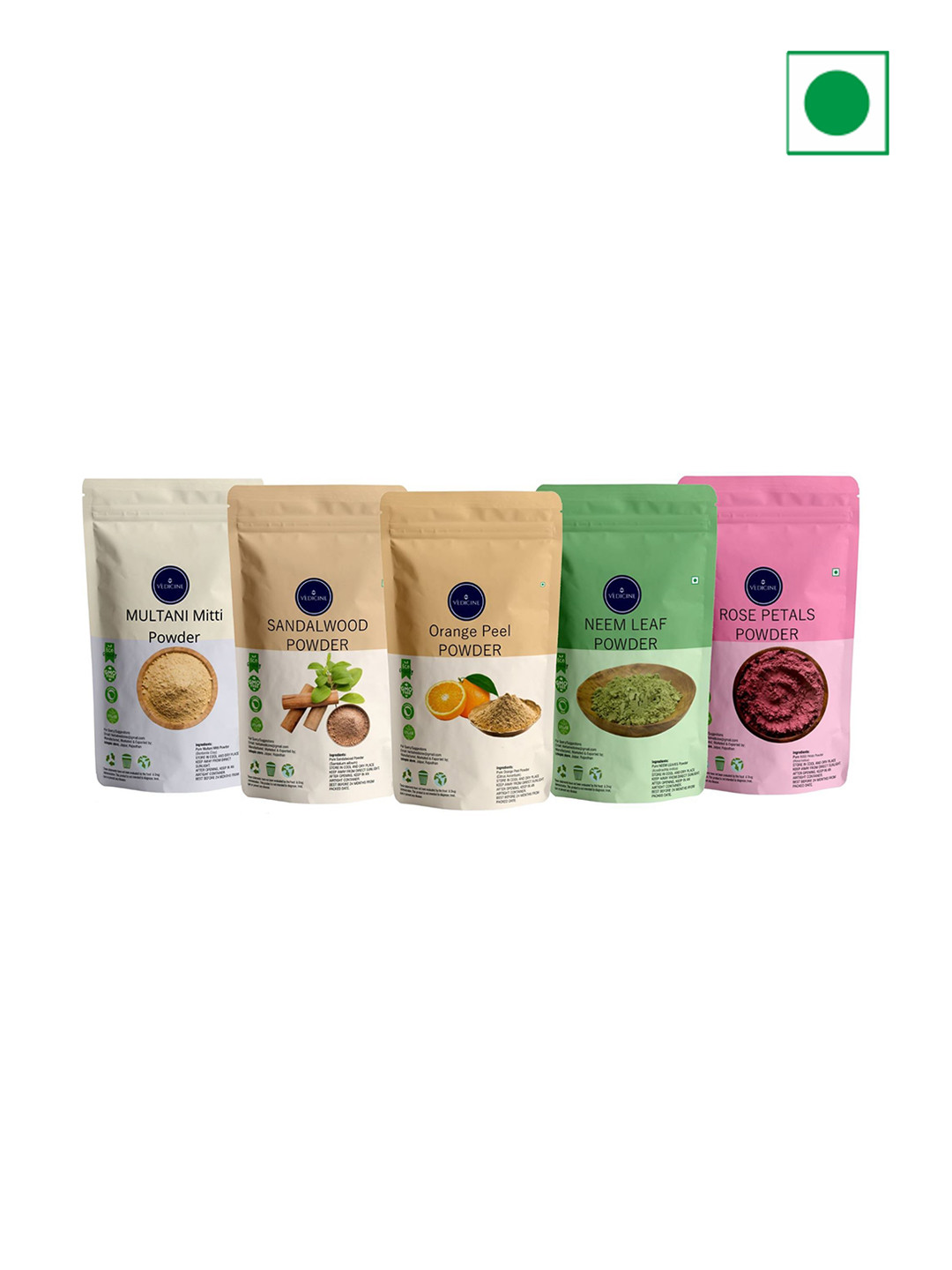 VEDICINE Set Of 5 Orange Neem Leaf Multani mitti Rose Petal Powder- 75gm Each