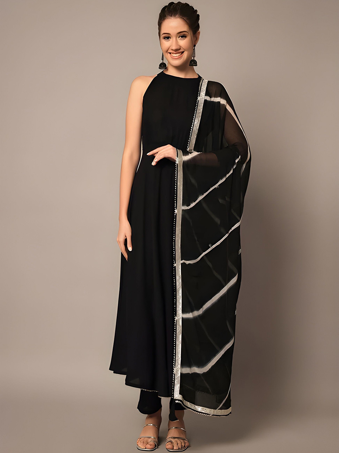 TOP 2 BOTTOM Halter Neck Flared Anarkali Kurta With Trousers & Dupatta