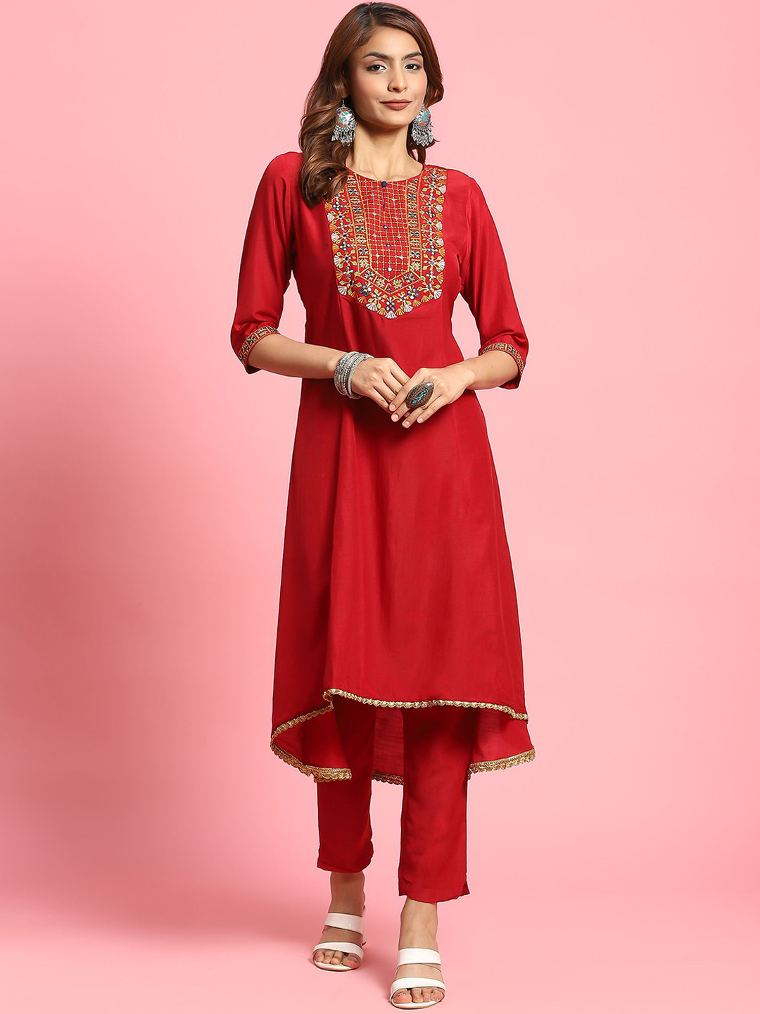 Shree Floral Embroidered Mirror Work Regular A-Line Kurta with Trousers