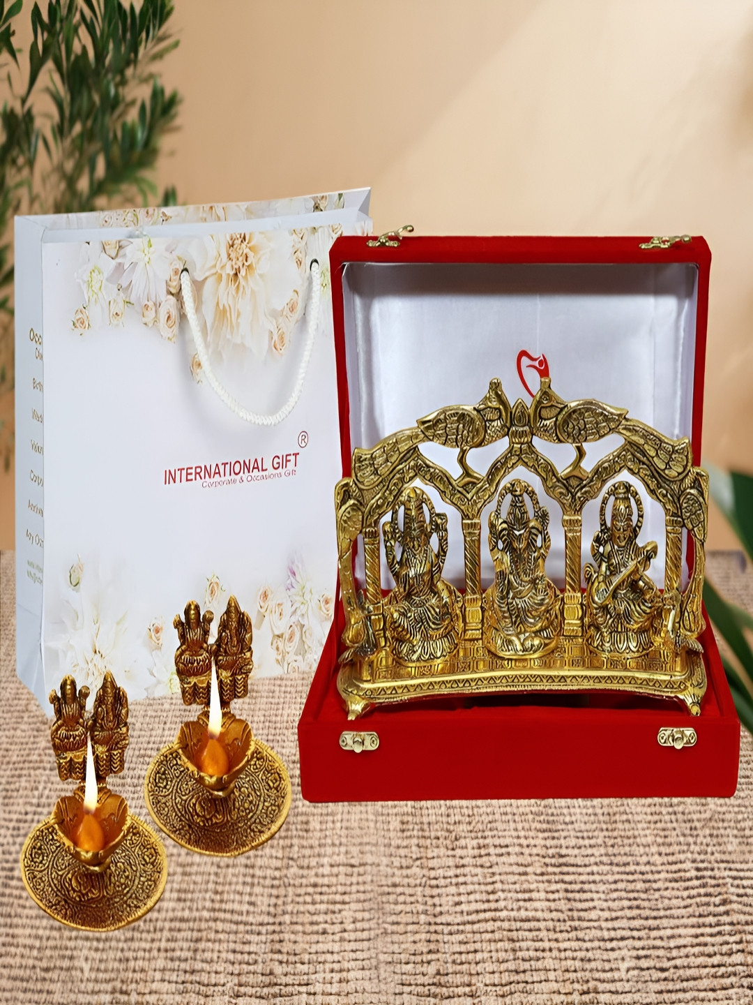 INTERNATIONAL GIFT Bronze 3 Pieces Laxmi Ganesha Saraswati God Idol & Diyas Home Gift Sets