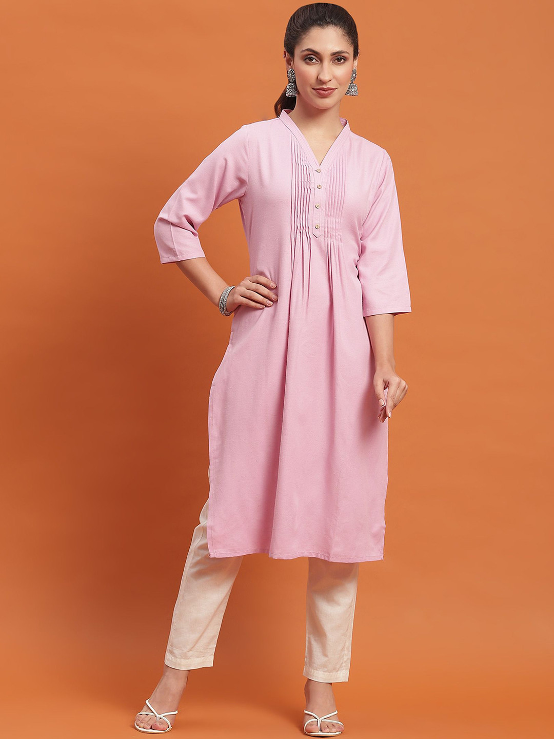 Shree V-Neck Three-Quarter Sleeves Pintuck Detailed Straight Kurta