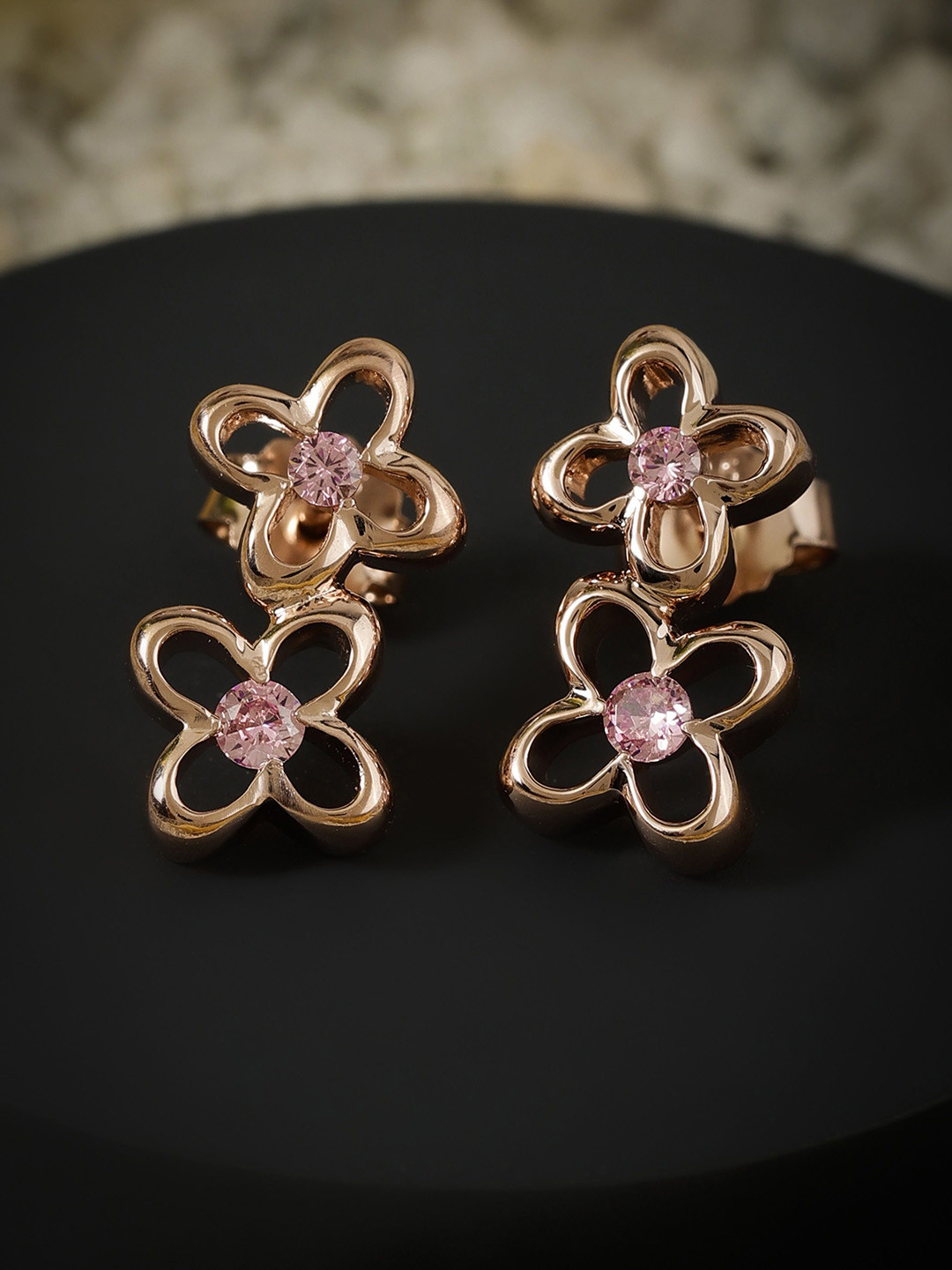 DIAVO 925 Sterling Silver Rose Gold-Plated Cubic Zirconia Studded Floral Drop Earrings