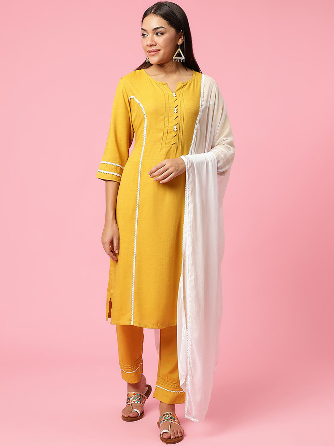 Shree Notch Neck Pintuck Detailed Straigt Kurta With Trousers & Dupatta