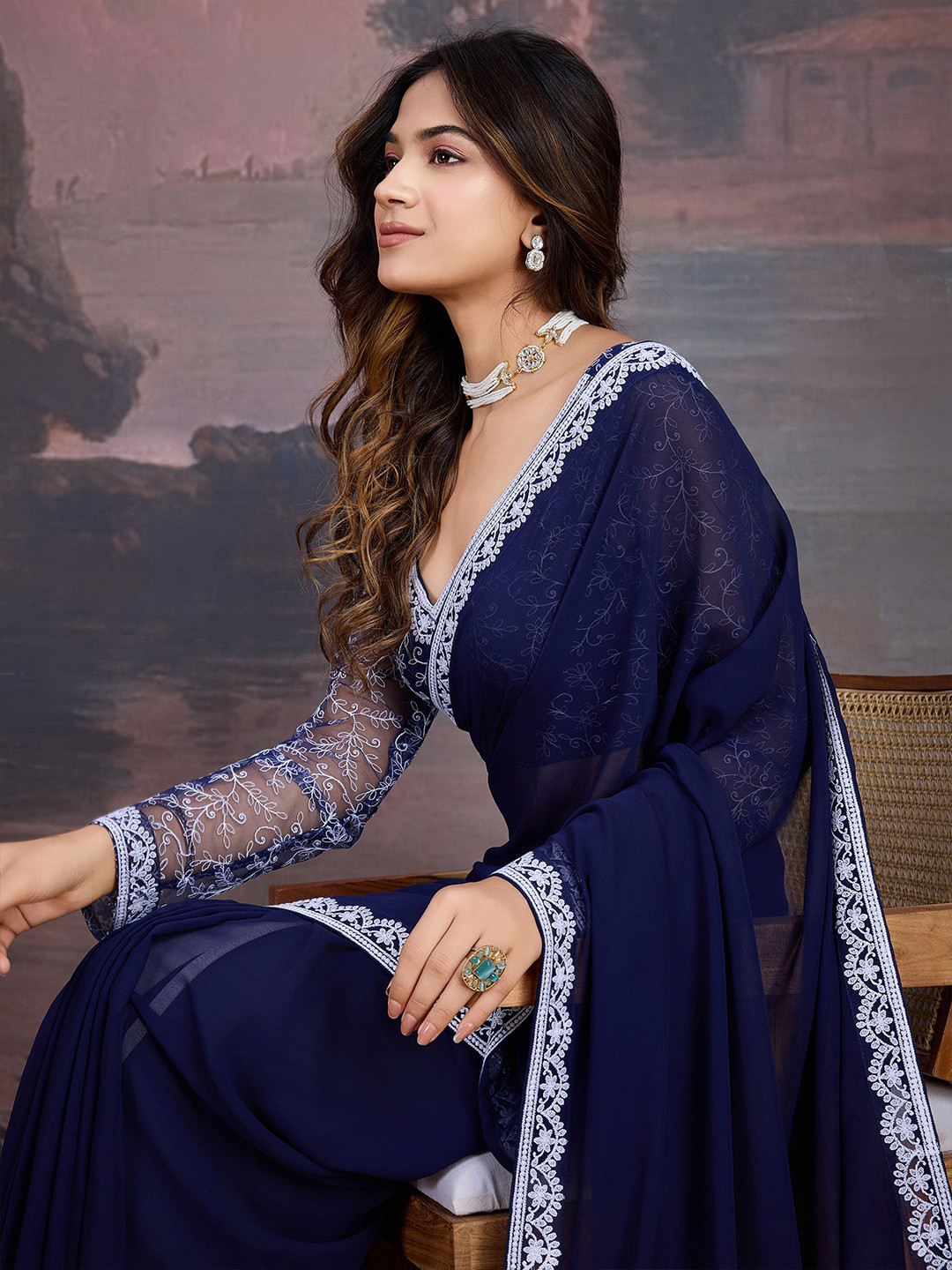 House of Pataudi Embroidered Border Solid Saree With Blouse Piece