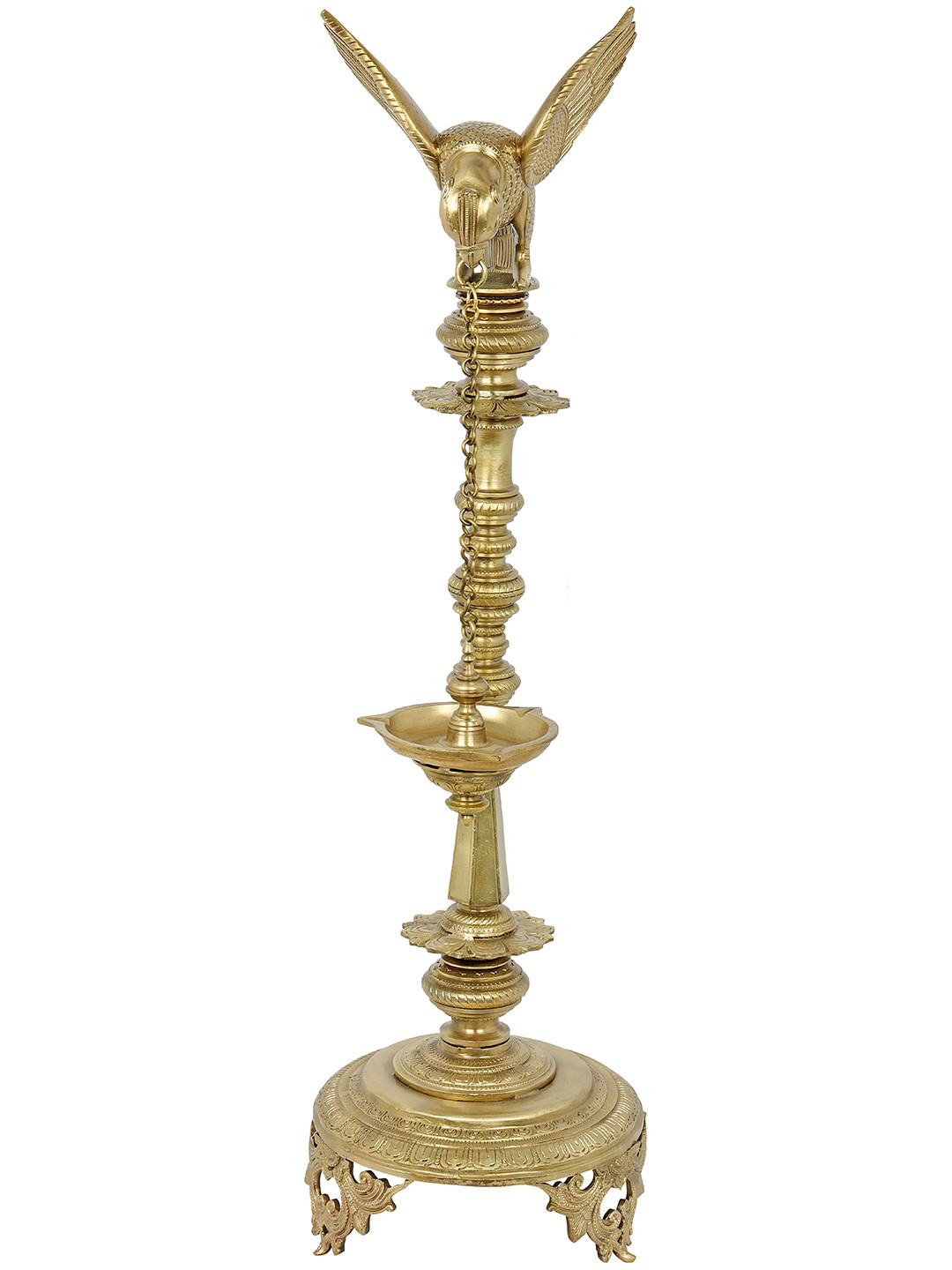 Exotic India Gold Toned Bronze Three Wick Lamp