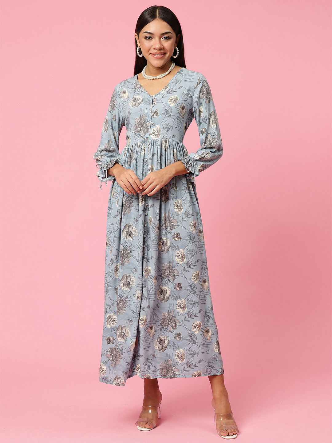 Shree Women Floral Print Bishop Sleeve Liva Fit & Flare Maxi Dress