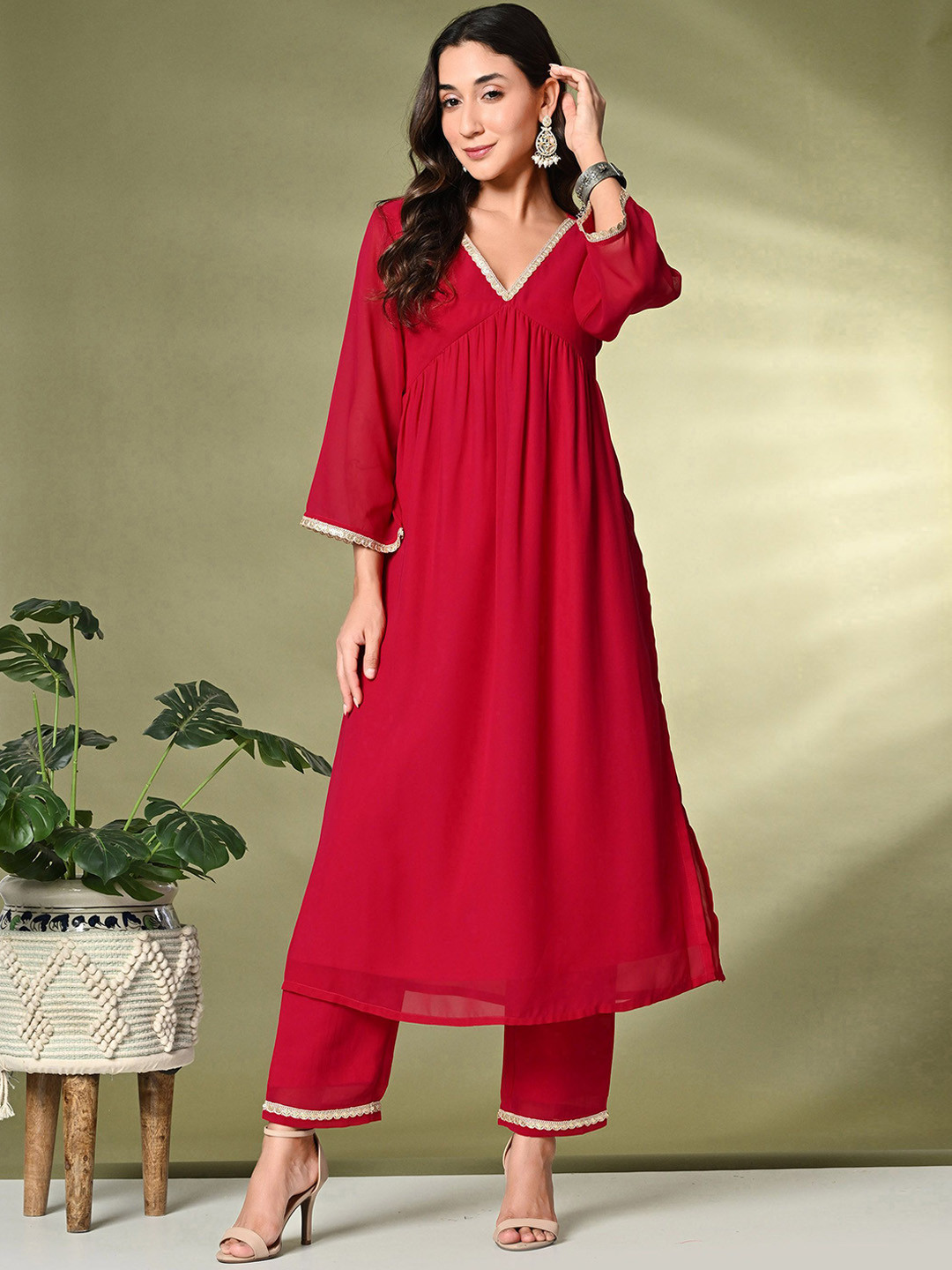 Sangria Red V-Neck Georgette A-Line Kurta With Trousers