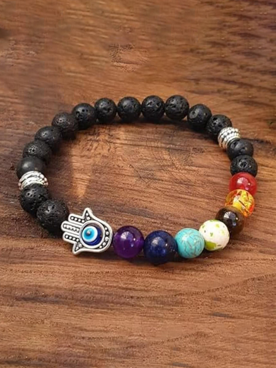 DN Creation Unisex Silver-Plated Chakra Hamsa Lava Stone Evil Eye Elasticated Bracelet
