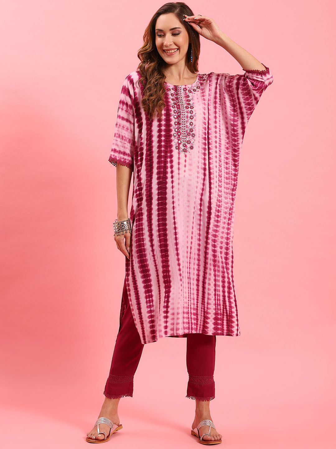 Shree Dyed Regular Liva Mirror Work Straight Kurta with Trousers
