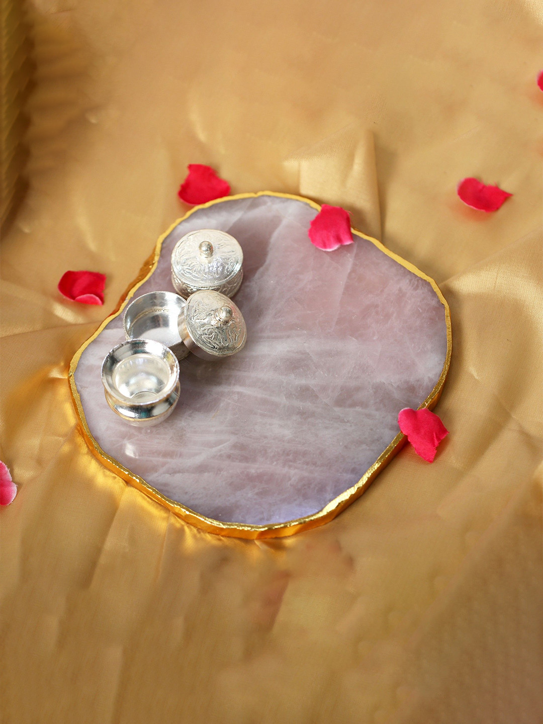 Exotic India Rose Quartz Plate with Kumkum Box & Gangajali with Gift Box