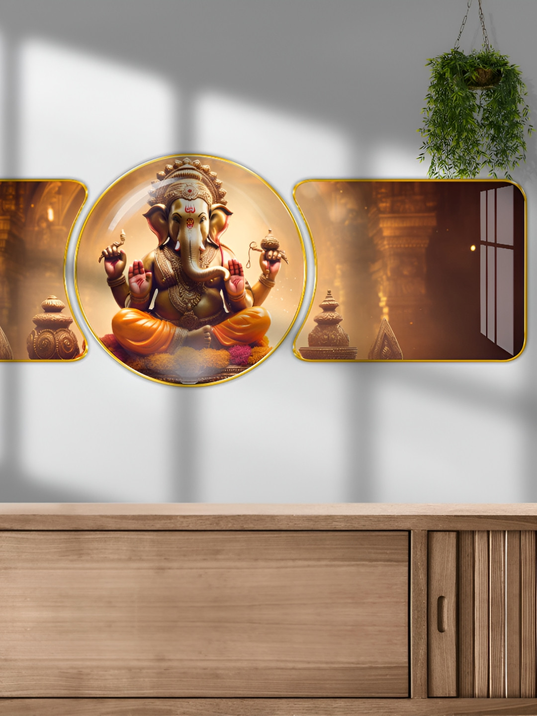 Aura Ganesha Wood 3 Piece Wall Round Paintings Wall Art - 48 x 16 In