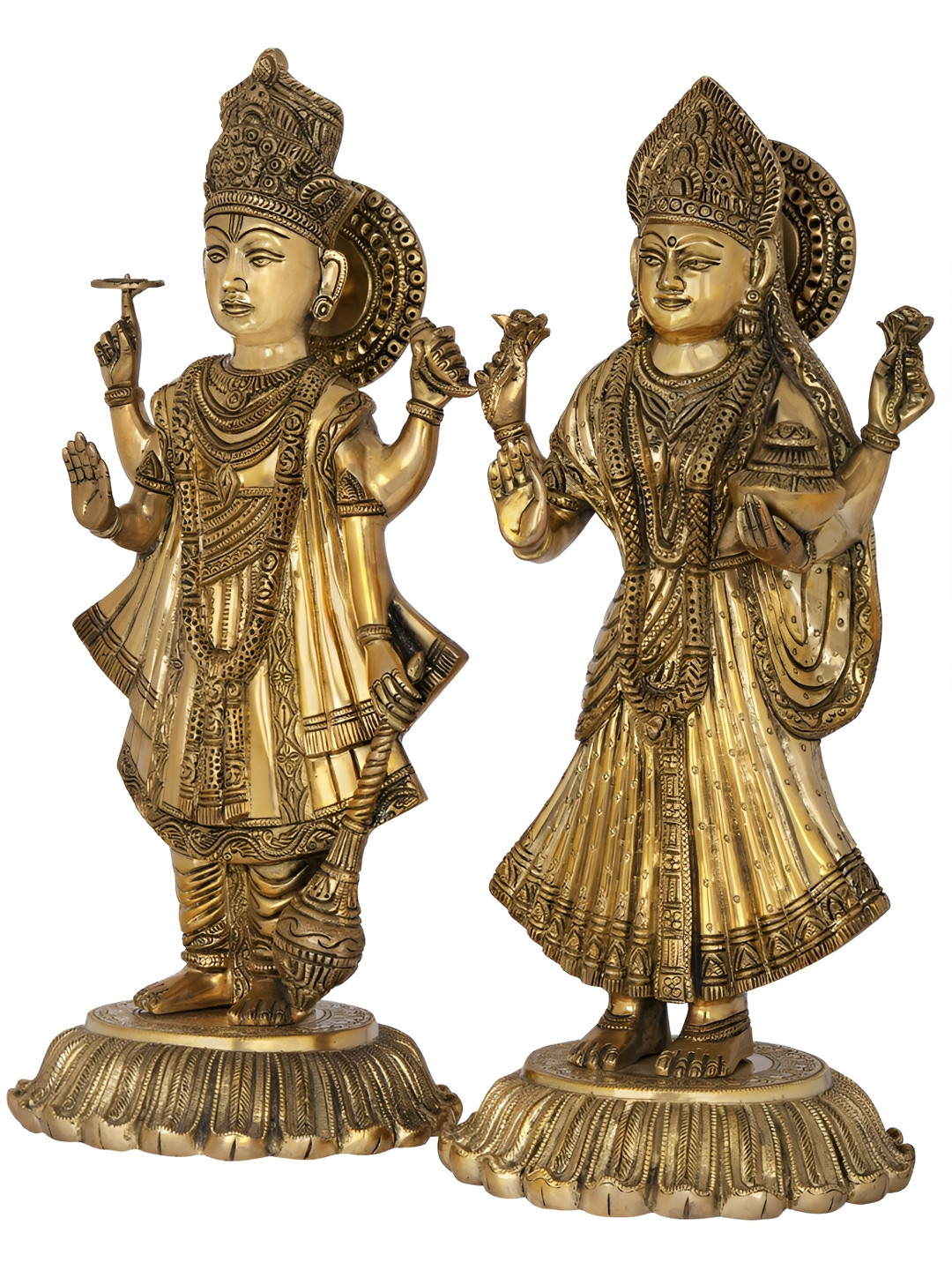 Exotic India Standing Lord Vishnu and Devi Lakshmi Gold Brass Metallic Prayer Room Hand Made Set of 2 Medium Showpieces - 18.2 Inches