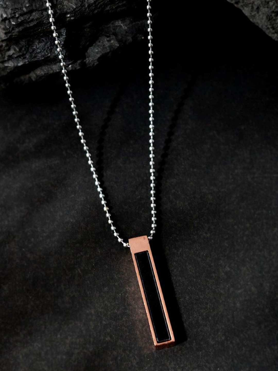 VOJ Men Stainless Steel Silver-Plated Rectangular Shaped Pendent With Chain