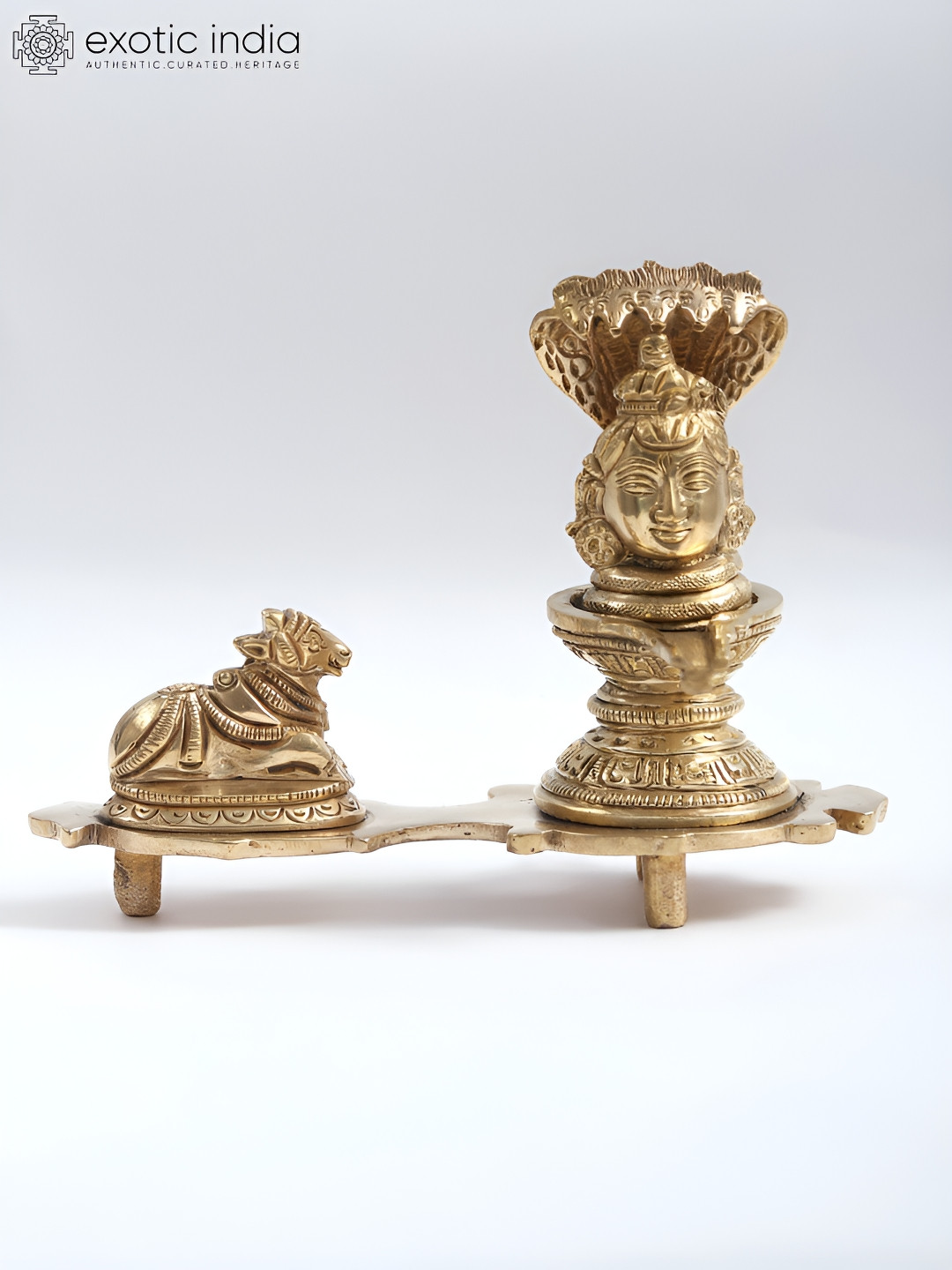Exotic India Nandi-Shivalinga with Protecting Sheshnag Gold Brass Metallic Prayer Room Small Showpiece - 4.8 Inches