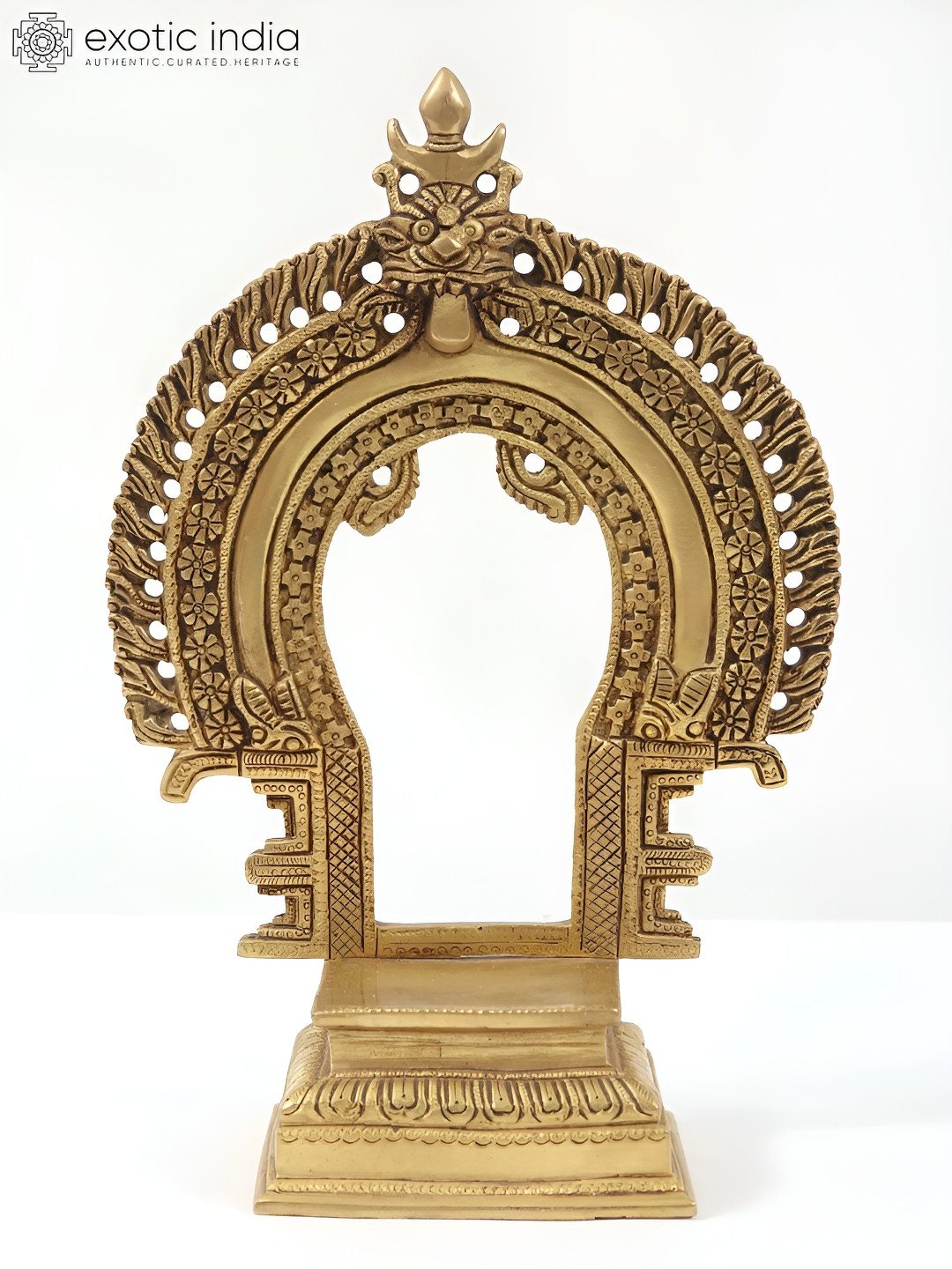 Exotic India Fine Deity Throne With Kirtimukha Prabhavali Gold Brass Metallic Prayer Room Tiny Showpiece - 10 Inches