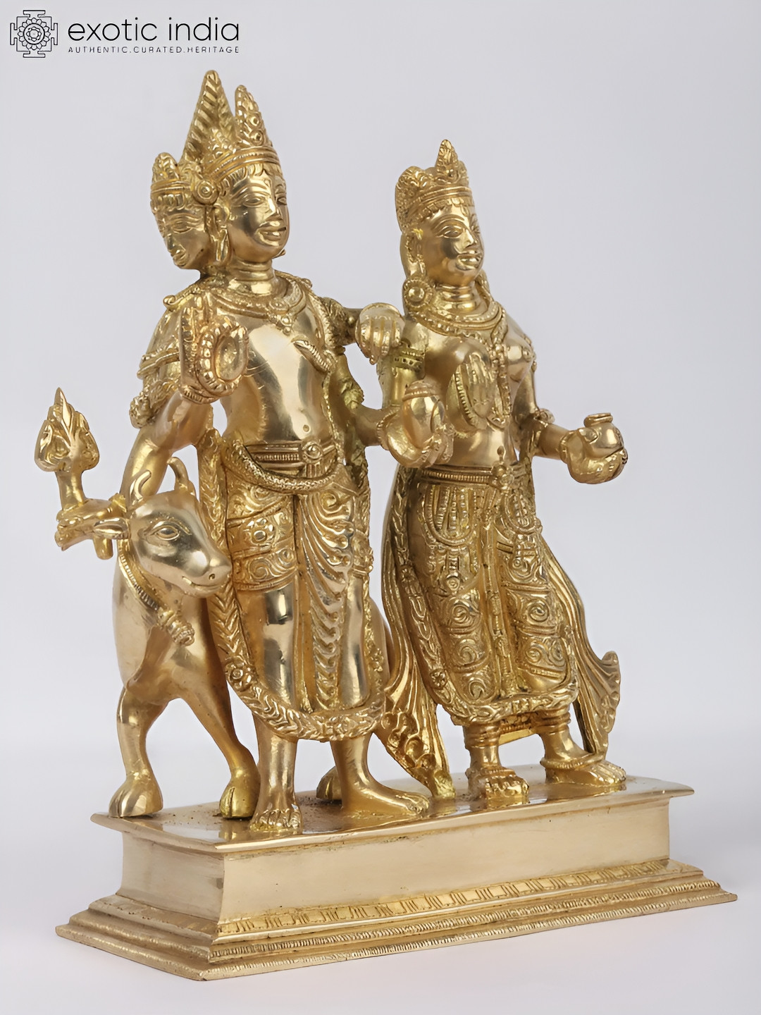 Exotic India Four-Head Shiva with Parvati Gold Brass Metallic Prayer Room Medium Showpiece - 9 Inches