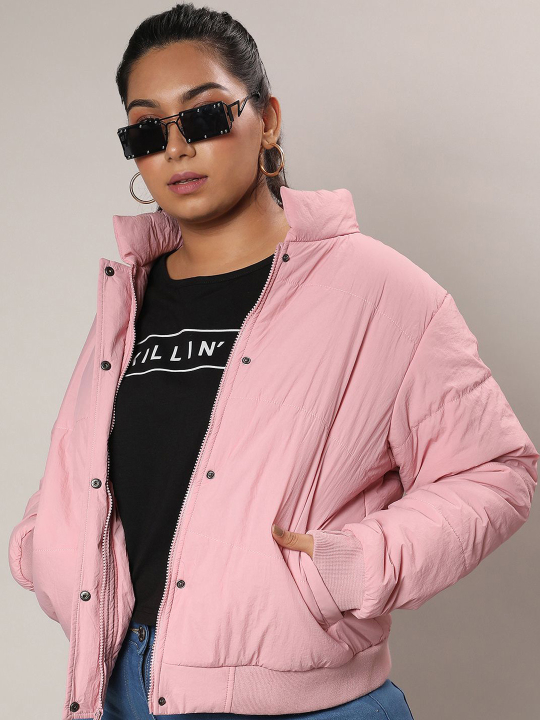 Instafab Plus Women Solid Stand Collar Lightweight Puffer Jacket