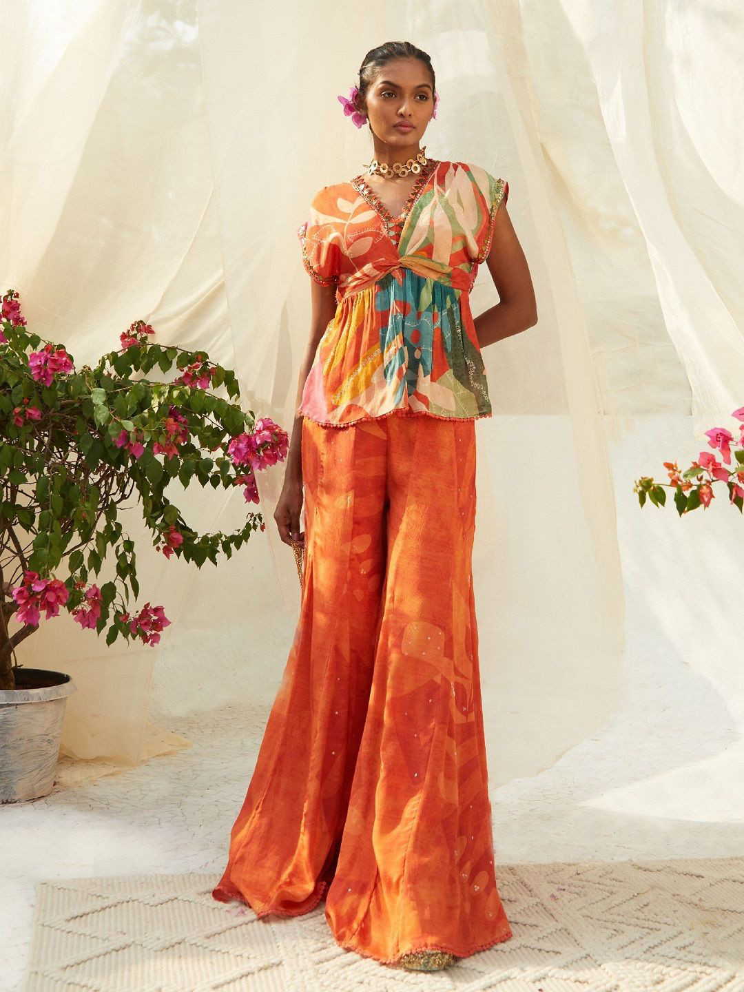 Basil leaf Abstract Printed Top With Palazzo