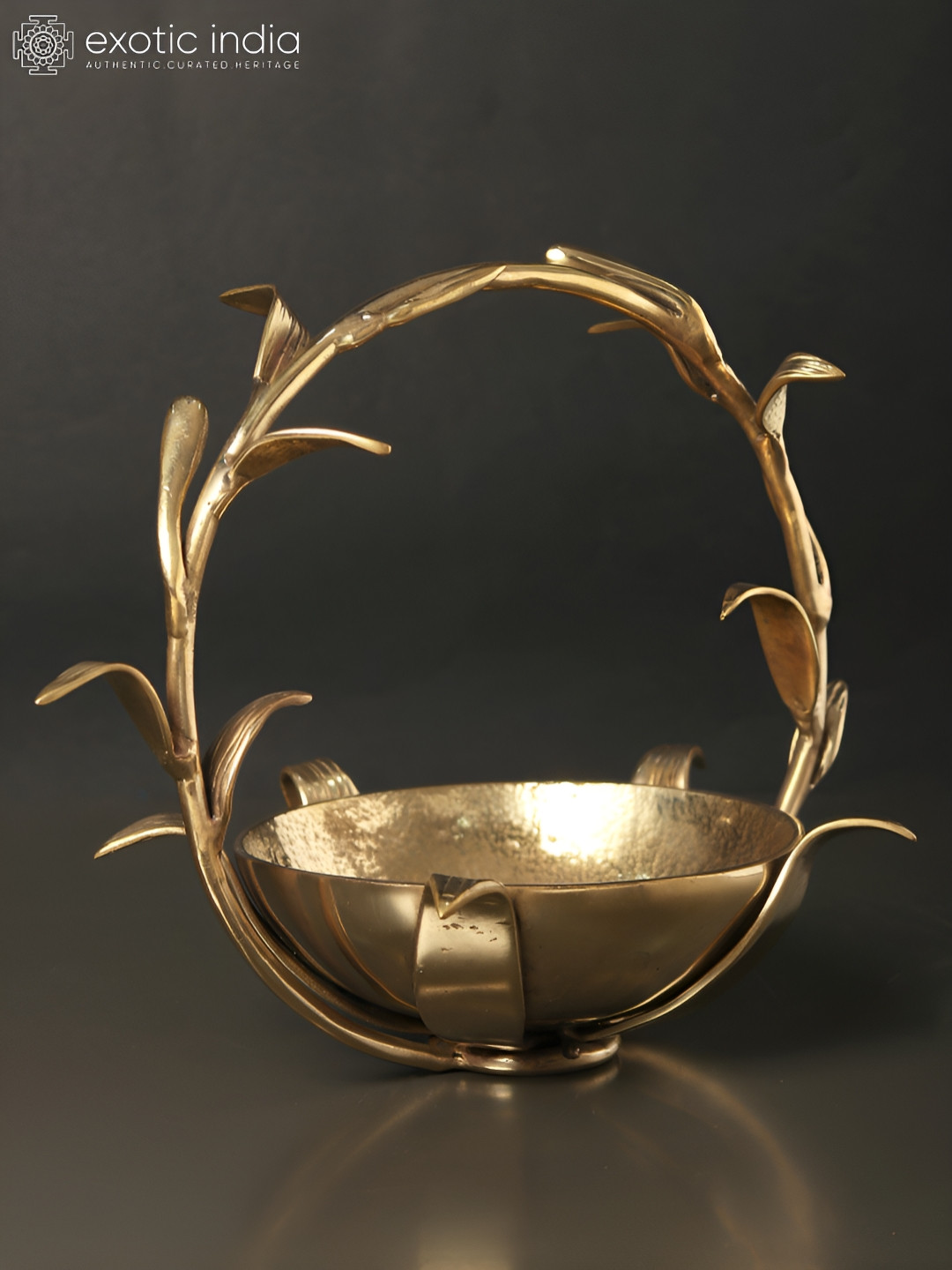 Exotic India Urli Bowl with Floral Handle Beige Brass Metallic Home Office Medium Showpiece - 9 Inches