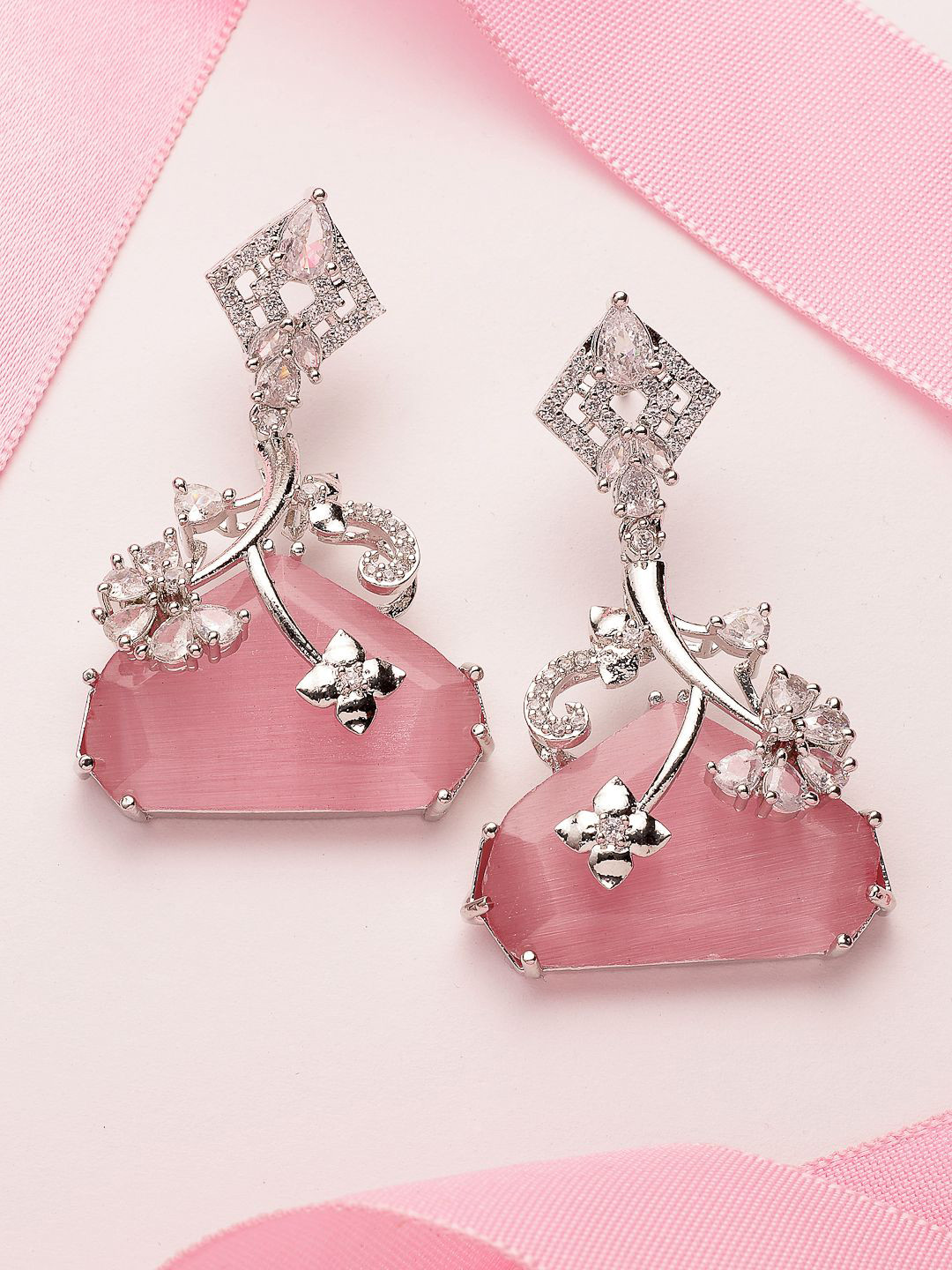 ADIVA Silver-Plated AD Studded & Beaded Contemporary Drop Earrings