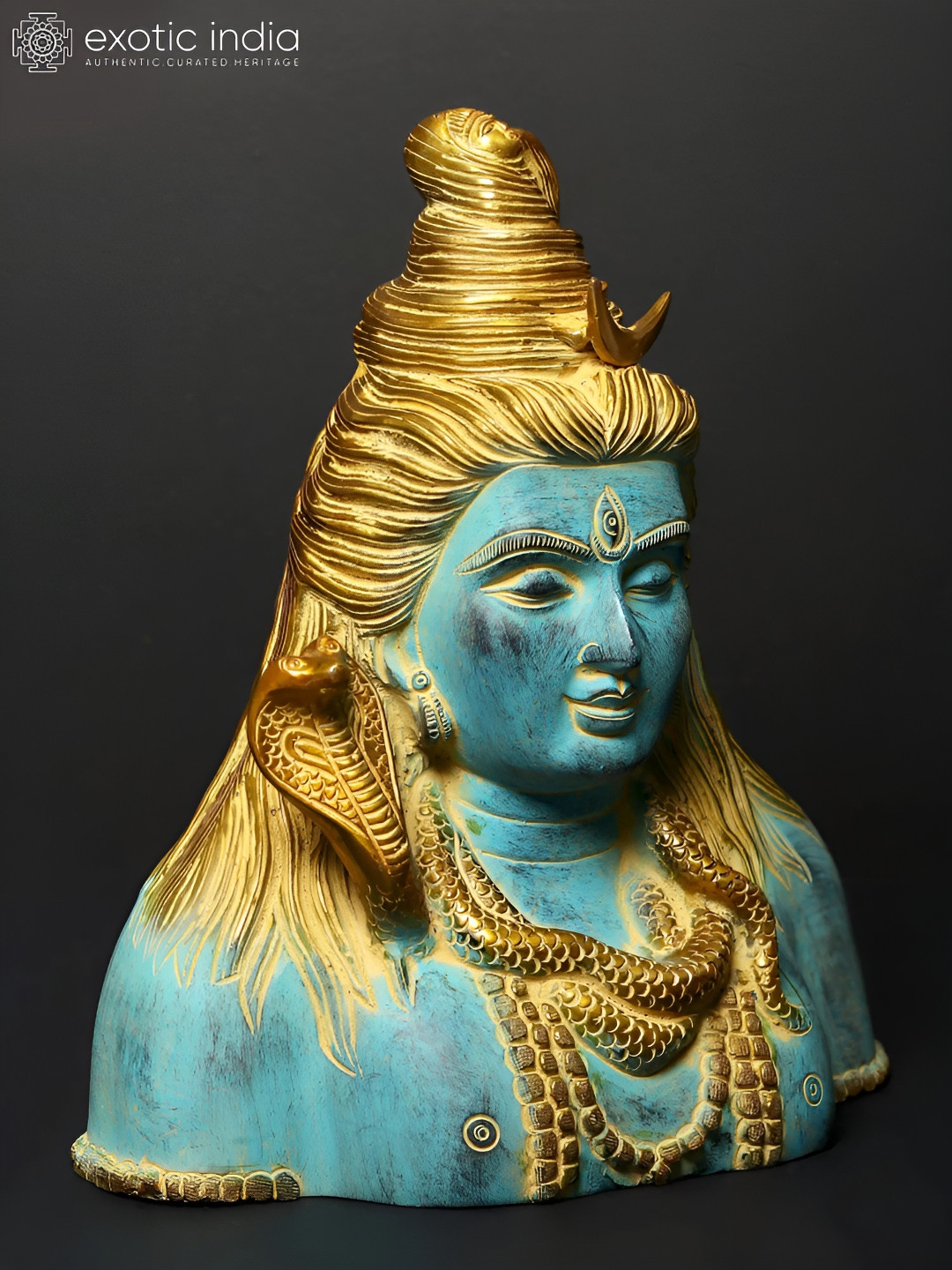 Exotic India Lord Shiva Bust - God of Destruction Blue Brass Metallic Prayer Room Medium Showpiece - 11.5 Inches