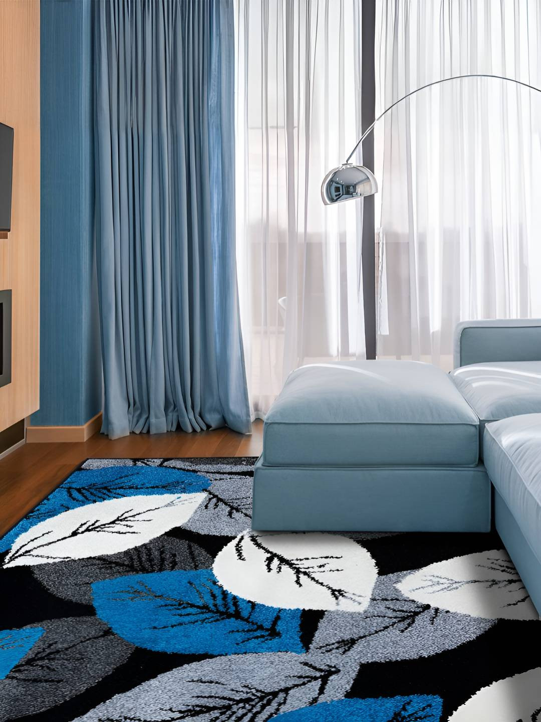 Sapana Carpet-Mats Portland Black & Blue Floral Printed No Shredding Contemporary Carpet
