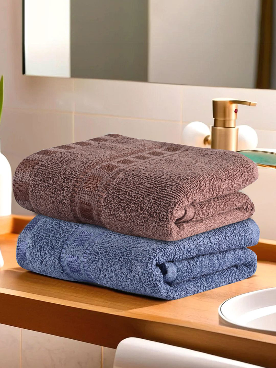 Kuber Industries Blue & Brown 2 Pieces Self Design 225 GSM Cotton Face Towels