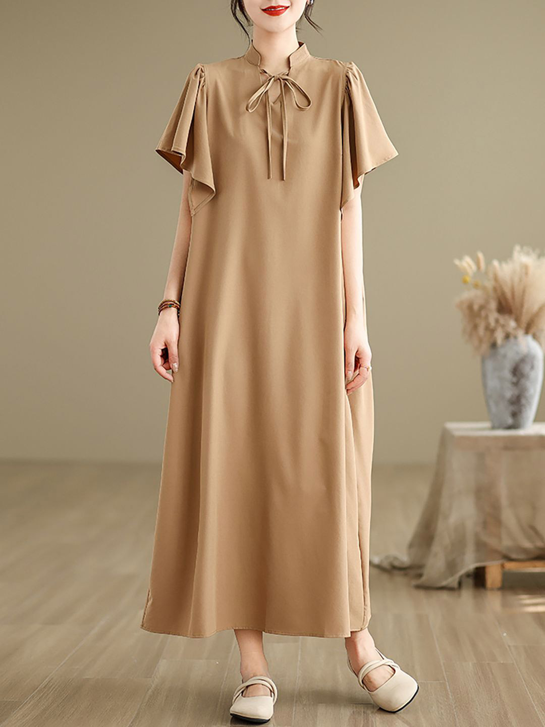 JC Mode Tie-Up Neck Flared Sleeve A-Line Maxi Dress