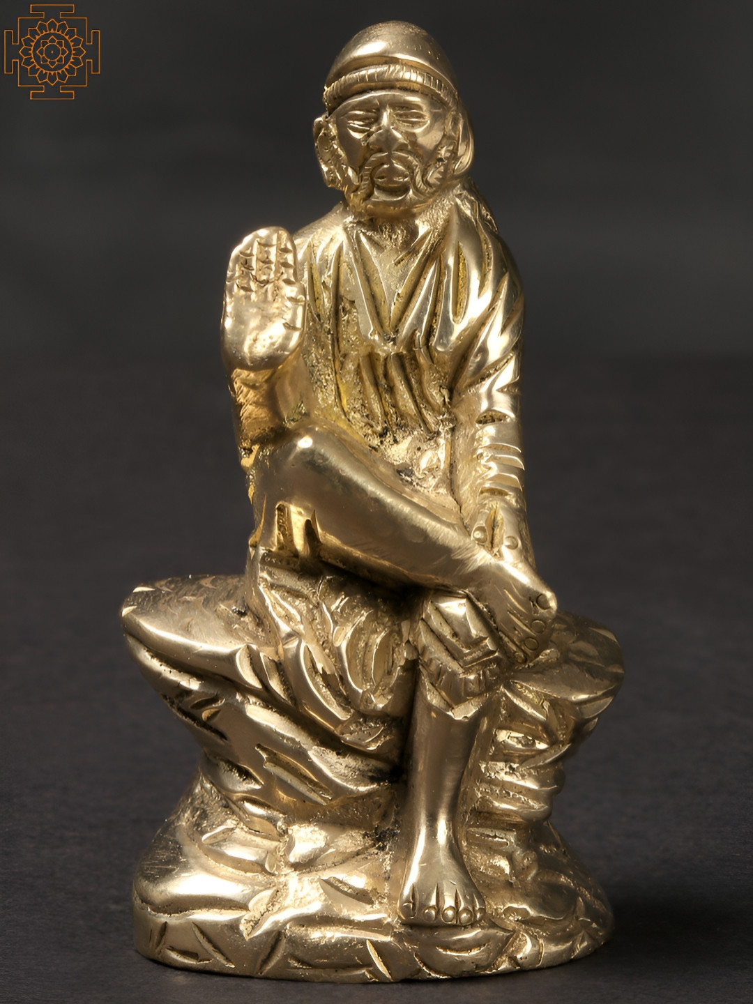 Exotic India Sai Baba Seated On Rock Gold Brass Metallic Living Room Tiny Showpiece - 3 Inches