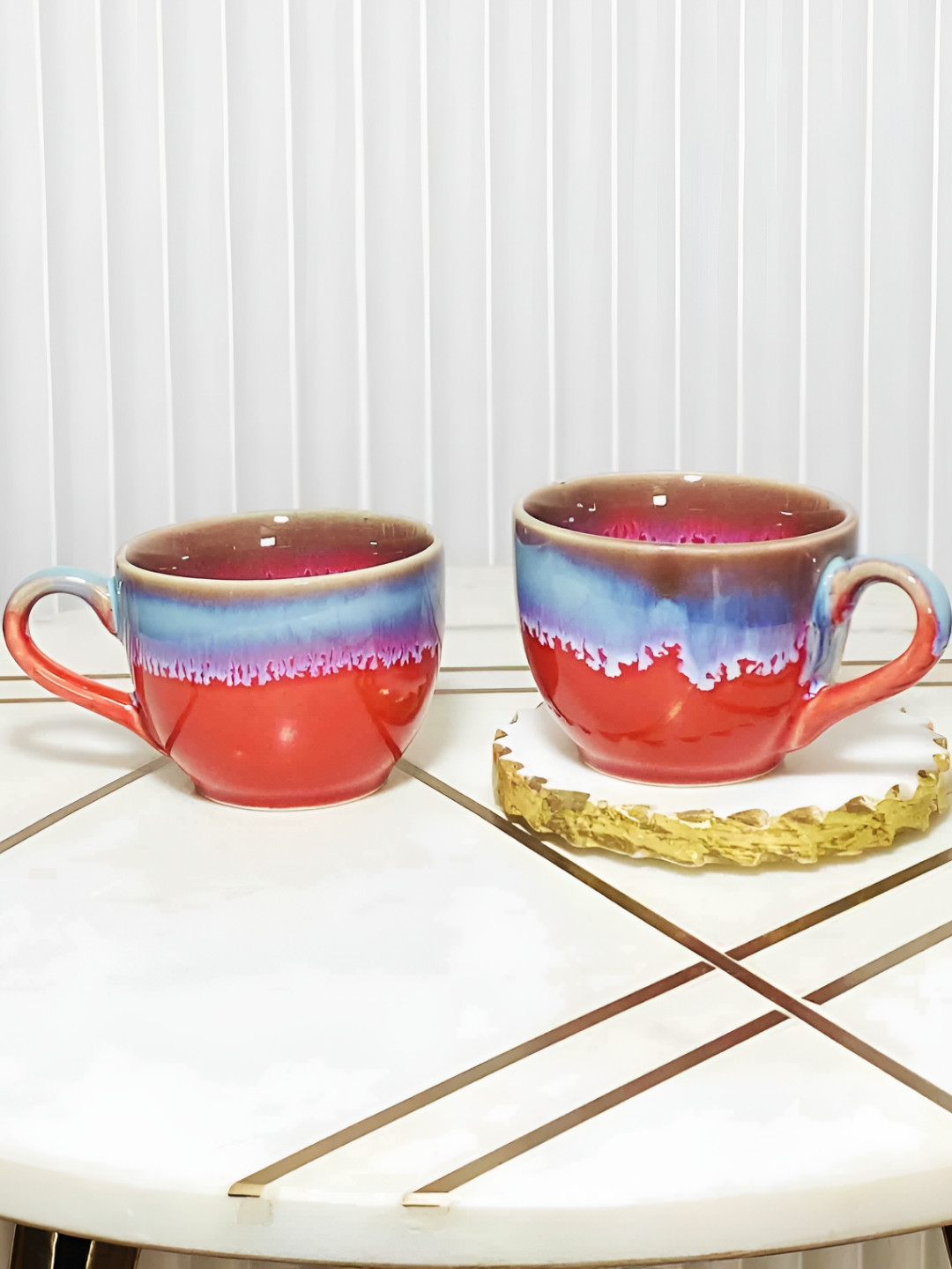 Folkstorys Red Marble Ceramic Handmade 4 Piece Cups-300ml