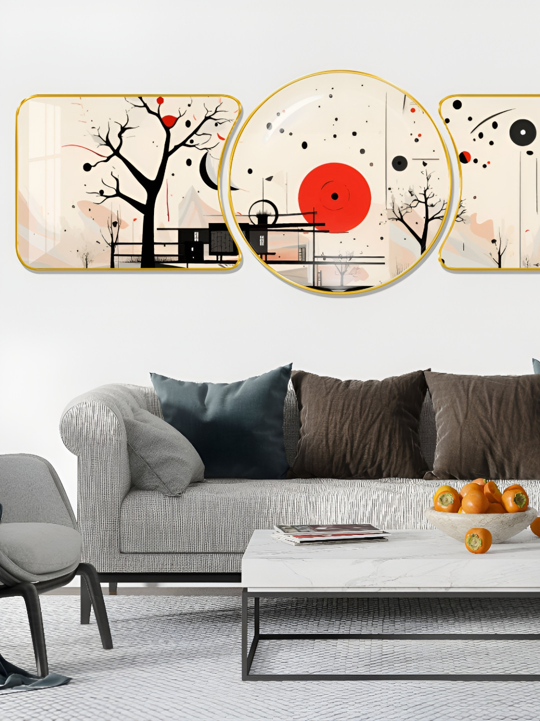 Aura Nature Wood 3 Piece Wall Round Paintings Wall Art - 48 x 16 In