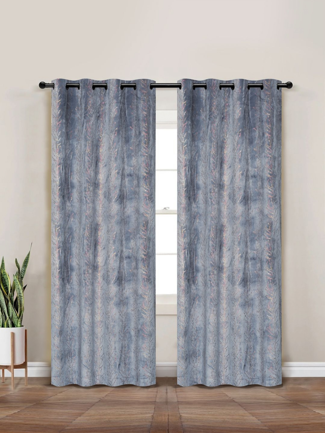 Myntra Elegant Homes Grey Melange & Red Set of 2 Floral Black Out Door Curtain