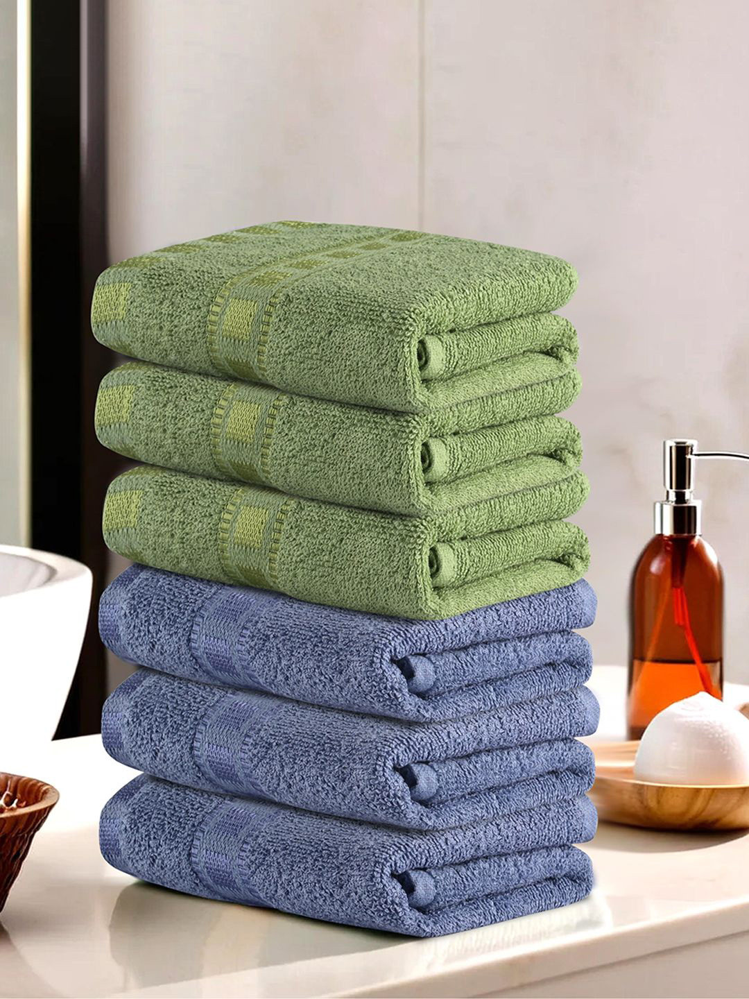 Kuber Industries Green & Blue 6 Pieces Self Design Cotton 225 GSM Face Towels
