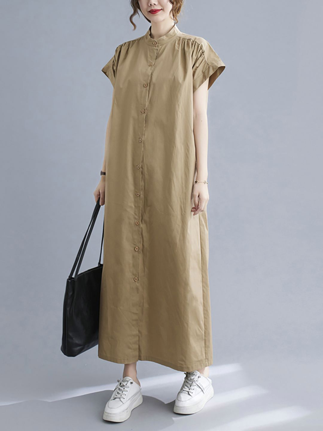 JC Mode Band Collar Shirt Maxi Dress